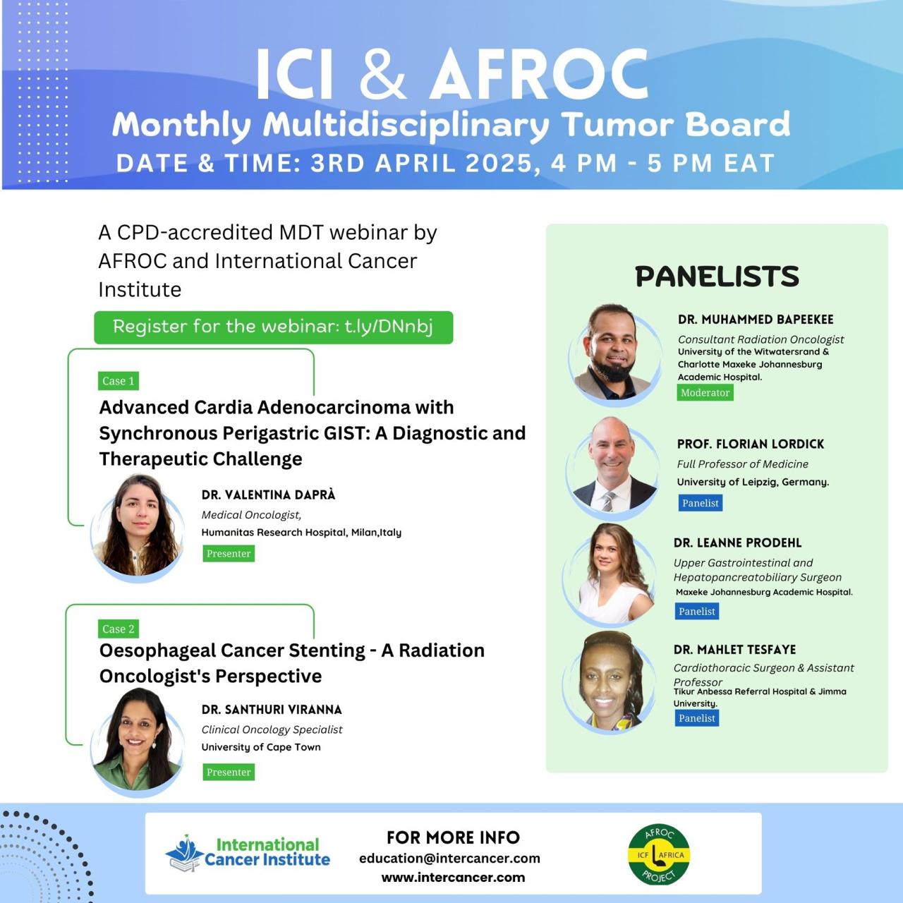 AFROC monthly multidisciplinary tumour board poster for April 3, 2025.